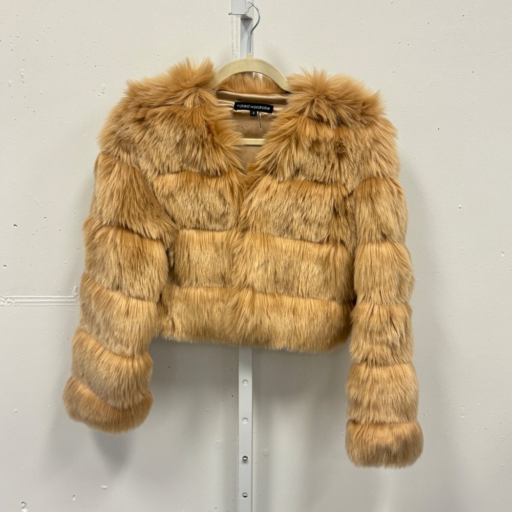 Naked Wardrobe Faux Fur Cropped Jacket Tan HDJ8966 Tiered Shaggy Glam Mob Wife - Picture 1 of 9